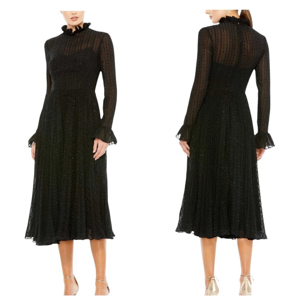 Ieena for Mac Duggal Black Midi Dress Ruffle Neck Long Sleeve NWT 14